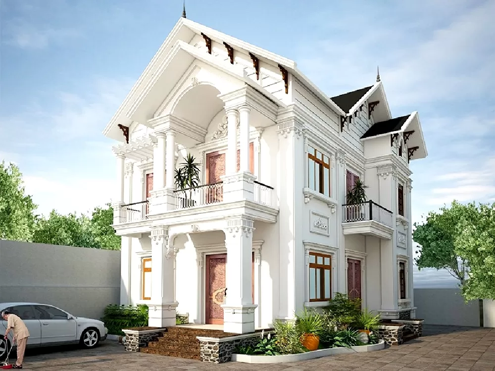 Mặt tiền của ngôi nhà được thiết kế theo phong cách tân cổ điển